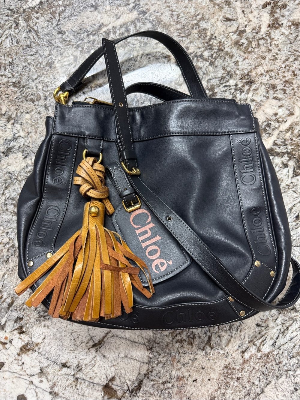 Authentic Black Leather Chloe Bag with Tassel and adjustable strap